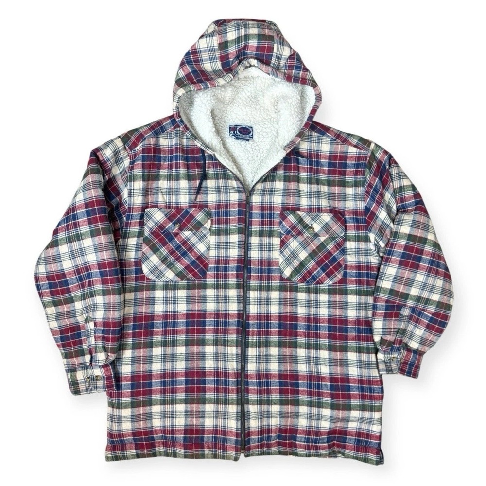 Vtg Williams Bay Sherpa Lined Hooded Flannel Jacket Men's L Plaid Barn Chore - Picture 1 of 6
